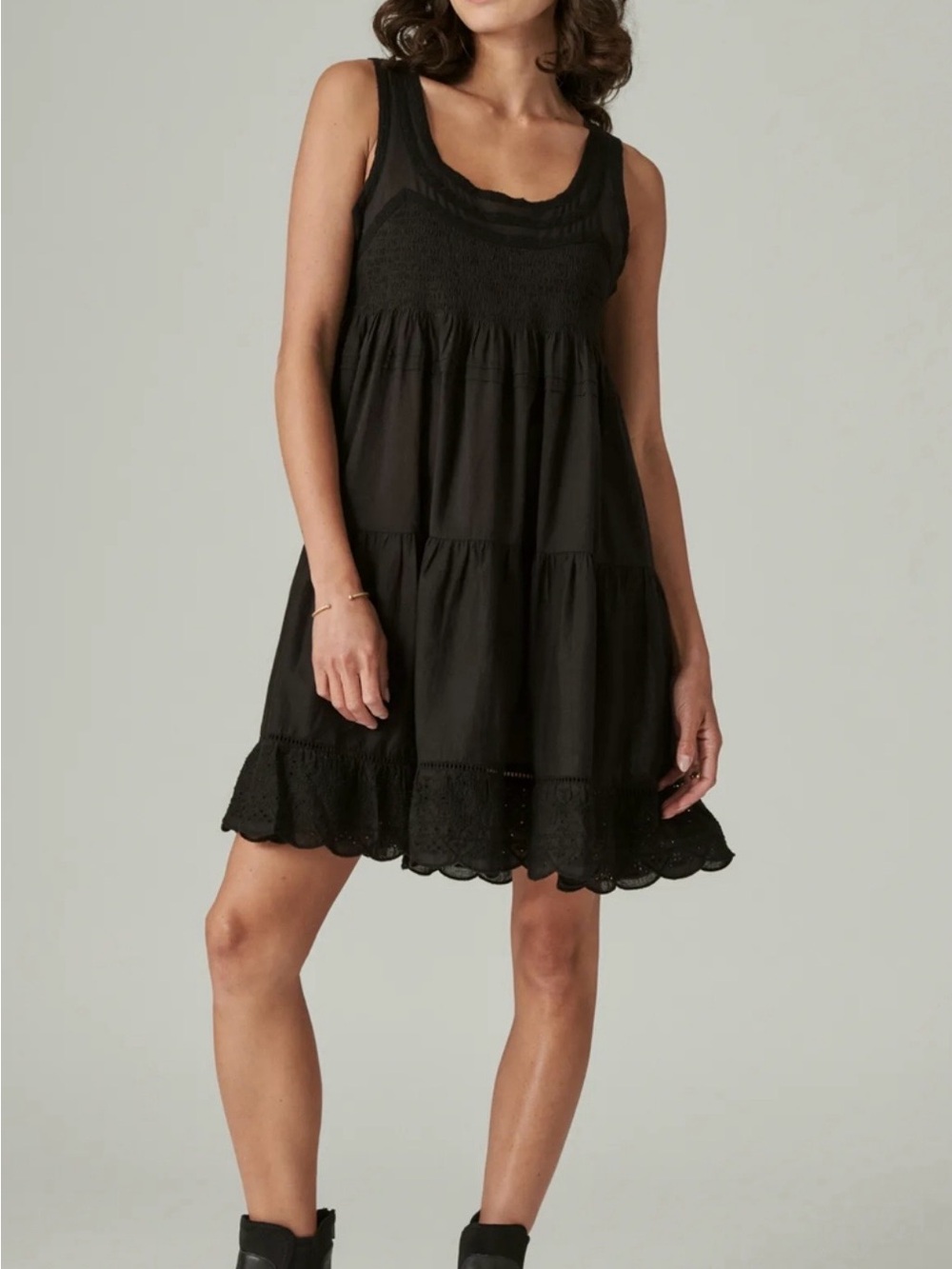 Lucky brand embroidered Tiered black Sundress with Eyelet Hem M